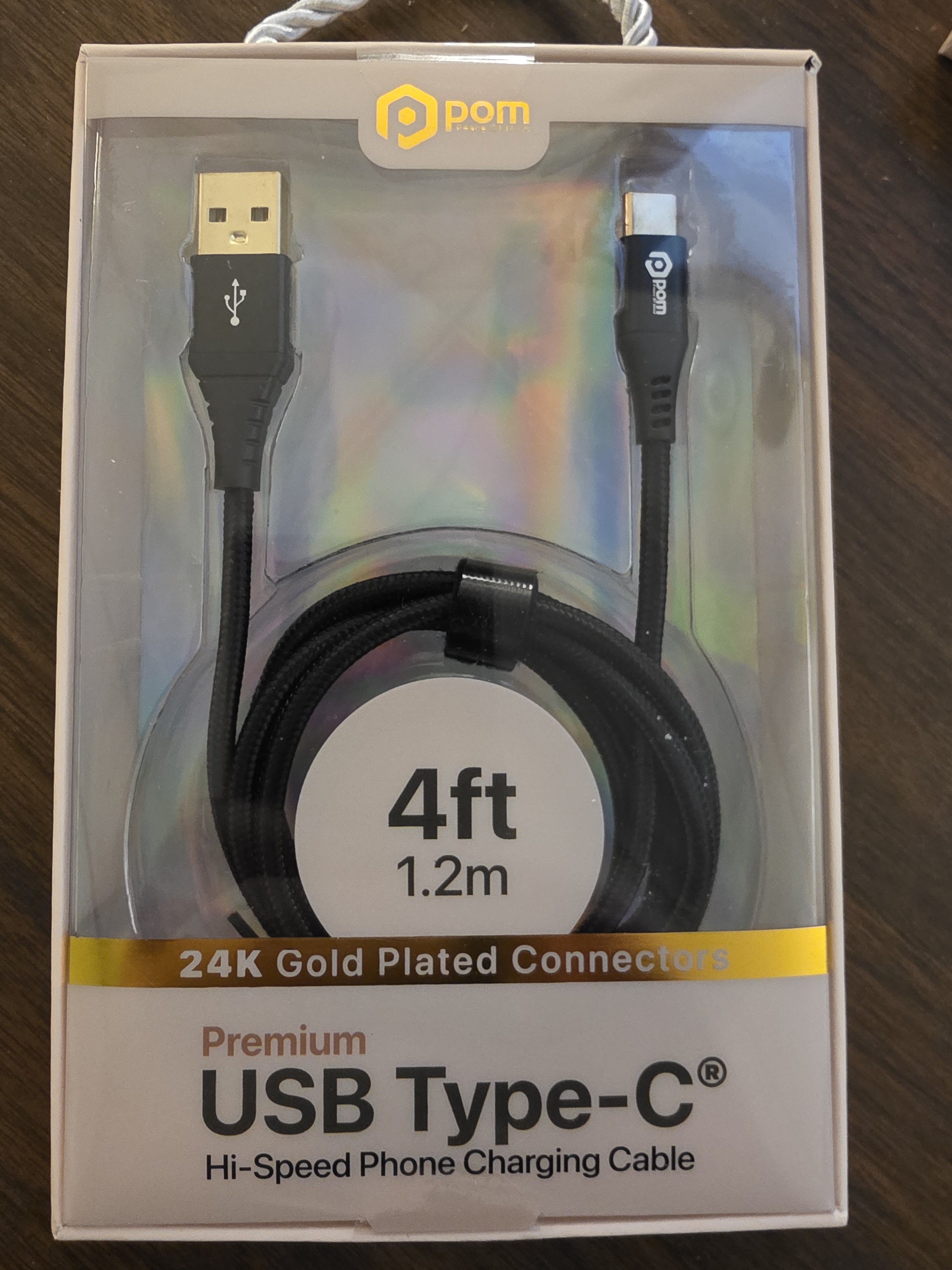 POM Gear (Peace Of Mind) Premium USB Type-C Charging Cable, 4ft/1.2m, 24K Gold-Plated Connectors