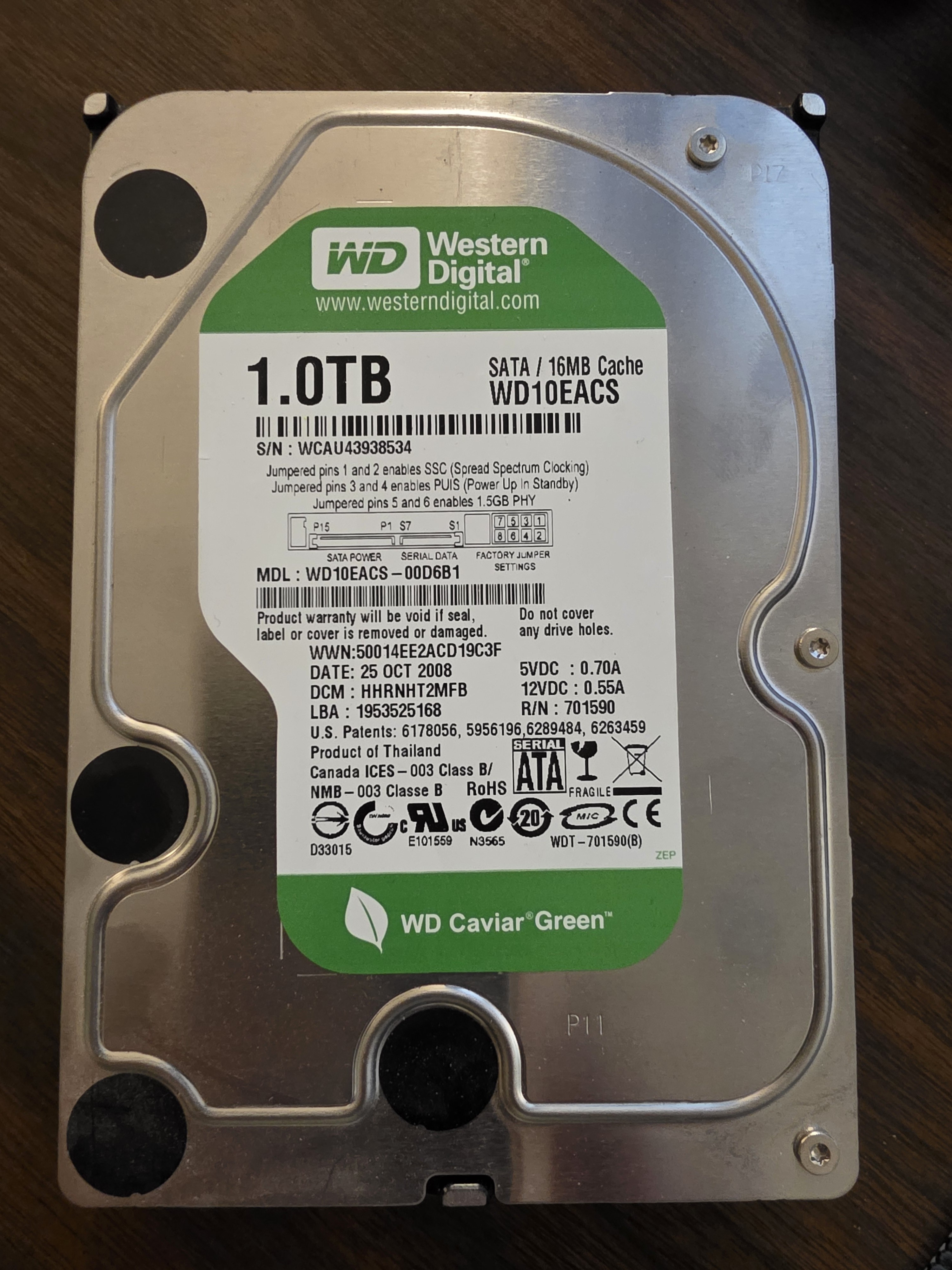 Western Digital Caviar Green 1TB SATA 3.5" Hard Drive (WD10EACS, 16MB Cache)