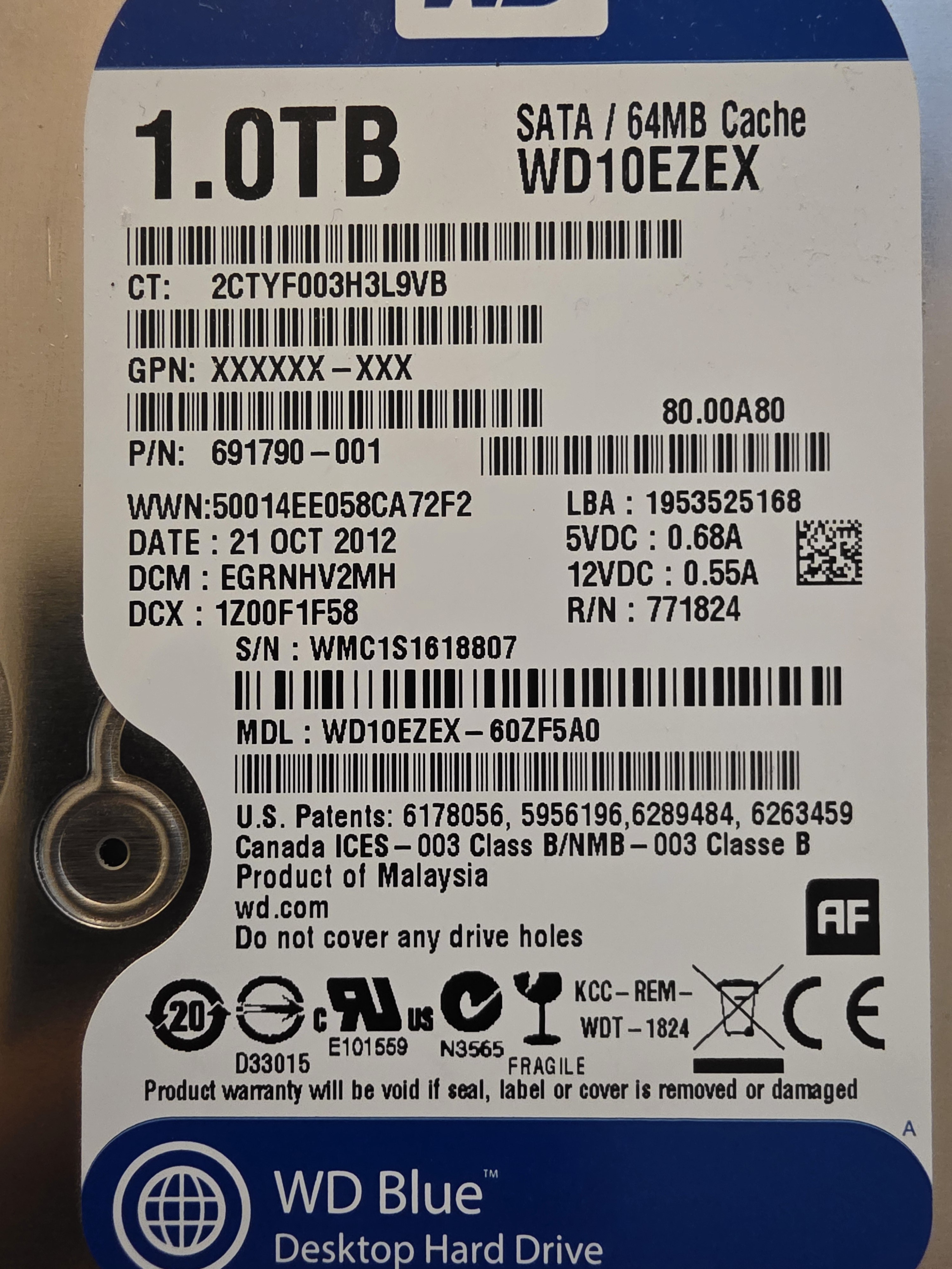 Western Digital WD Blue 1TB 3.5" SATA Desktop Hard Drive (WD10EZEX, 7200 RPM, 64MB Cache)