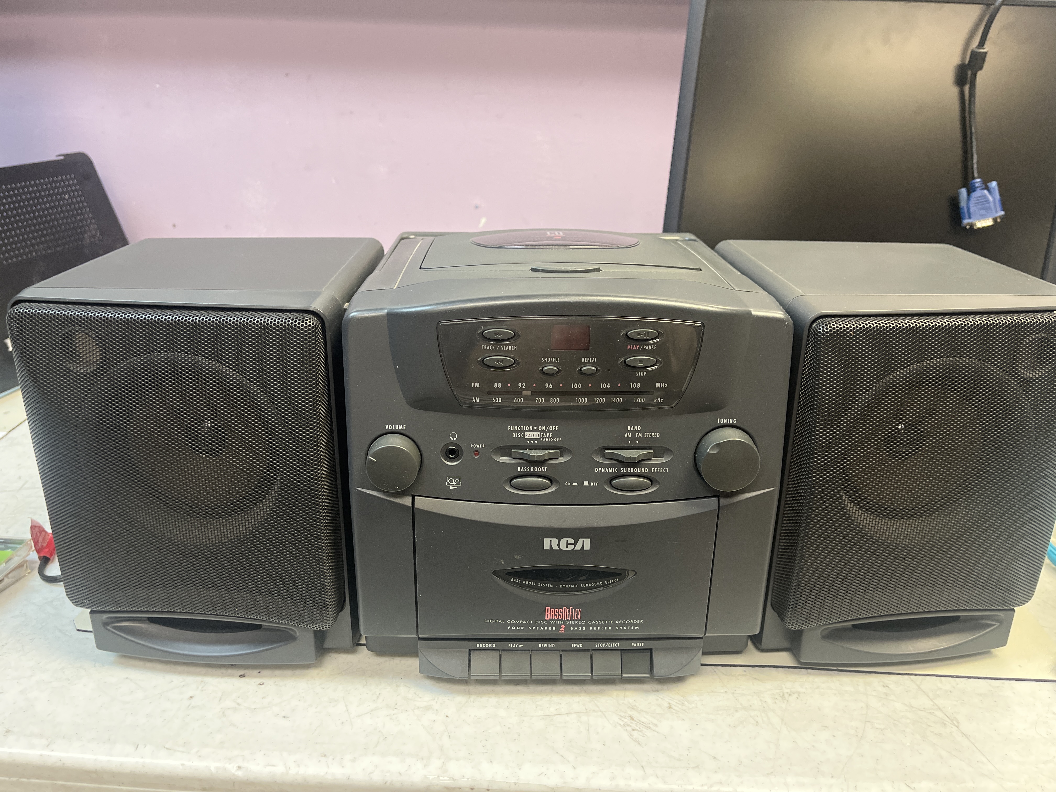 RCA BassReflex Digital Compact Disc with Stereo Cassette Recorder, Four-Speaker System (model number not visible)