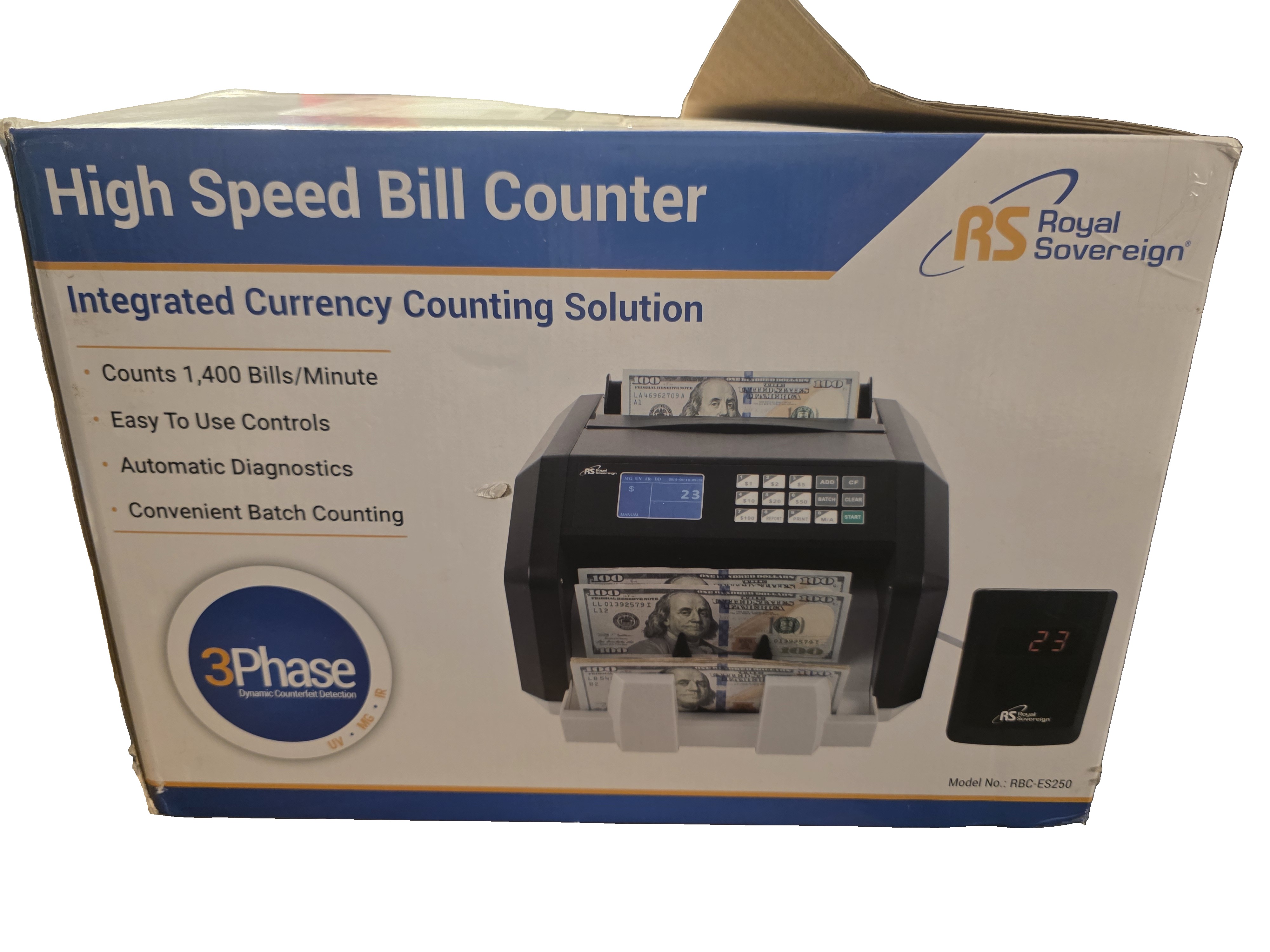 Royal Sovereign RBC-ES250 High Speed Bill Counter with UV/MG/IR Counterfeit Detection and External Display (110V)